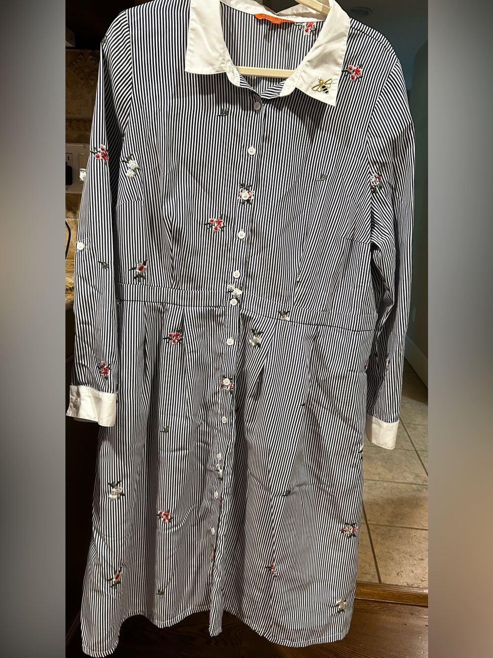 ModCloth Cotton embroidered ShirtDress, buttons, long slv  2x Navy White stripes
